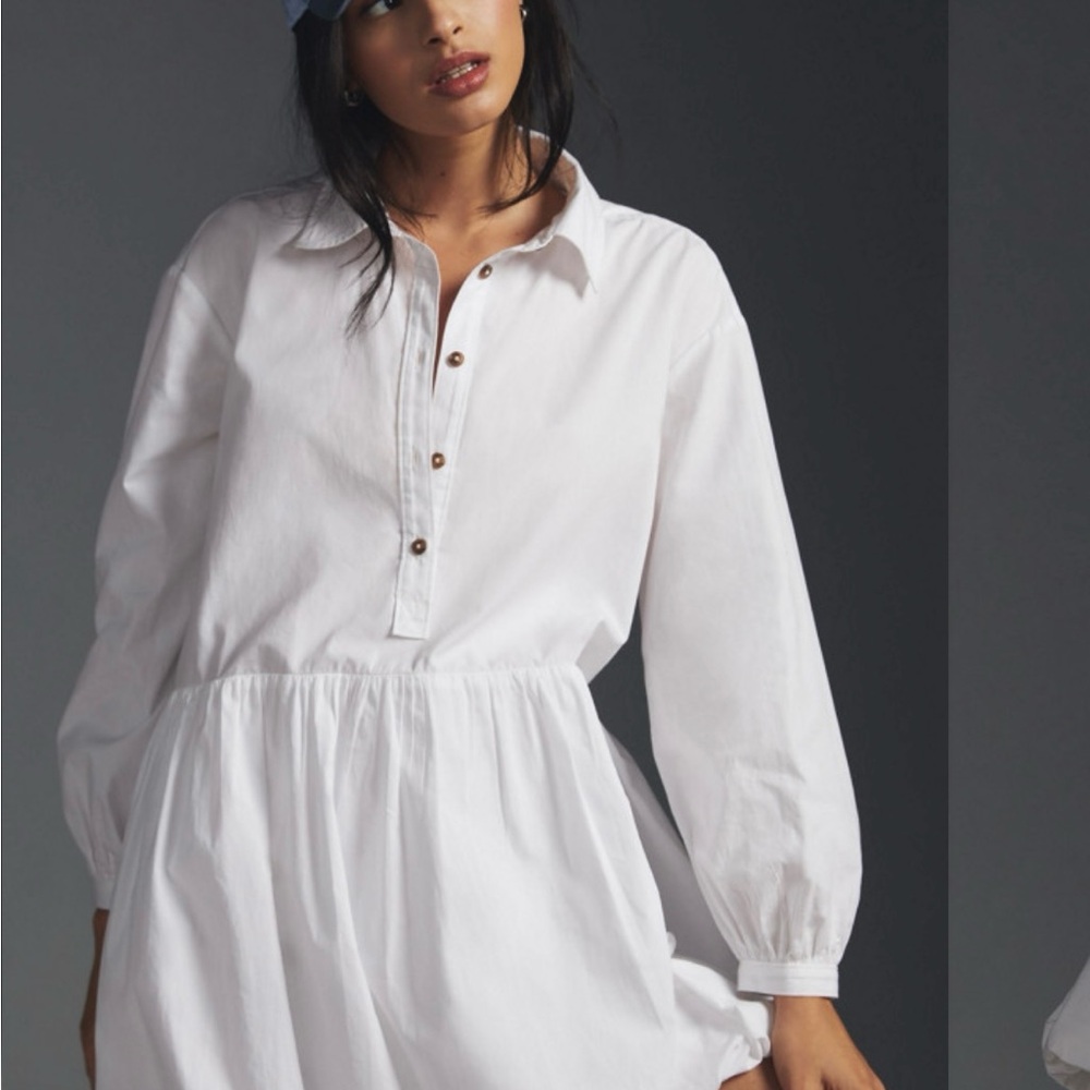 Anthropologie White Button-Front Long Sleeve Cotton Dress